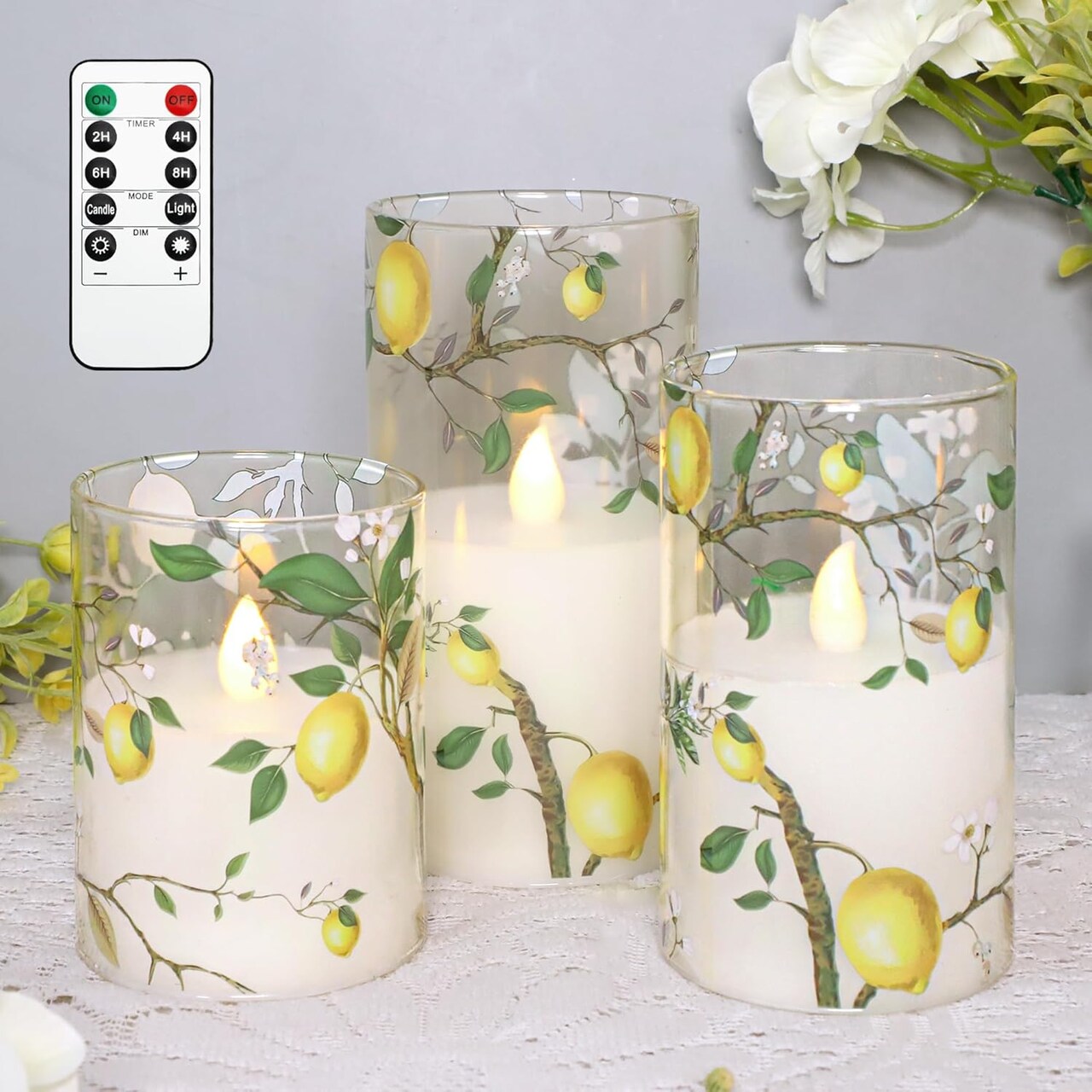 Set of 3 Lemon Decor Glass Flameless Candles – Flickering Battery-Operated LED Wax Pillars with Remote & Timer, Perfect for Spring, Holiday, and Home Décor